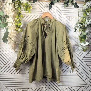 RHODE RESORT Women's Green Coton Blouse Tie Neck Ruched Sleeve Size M or L?